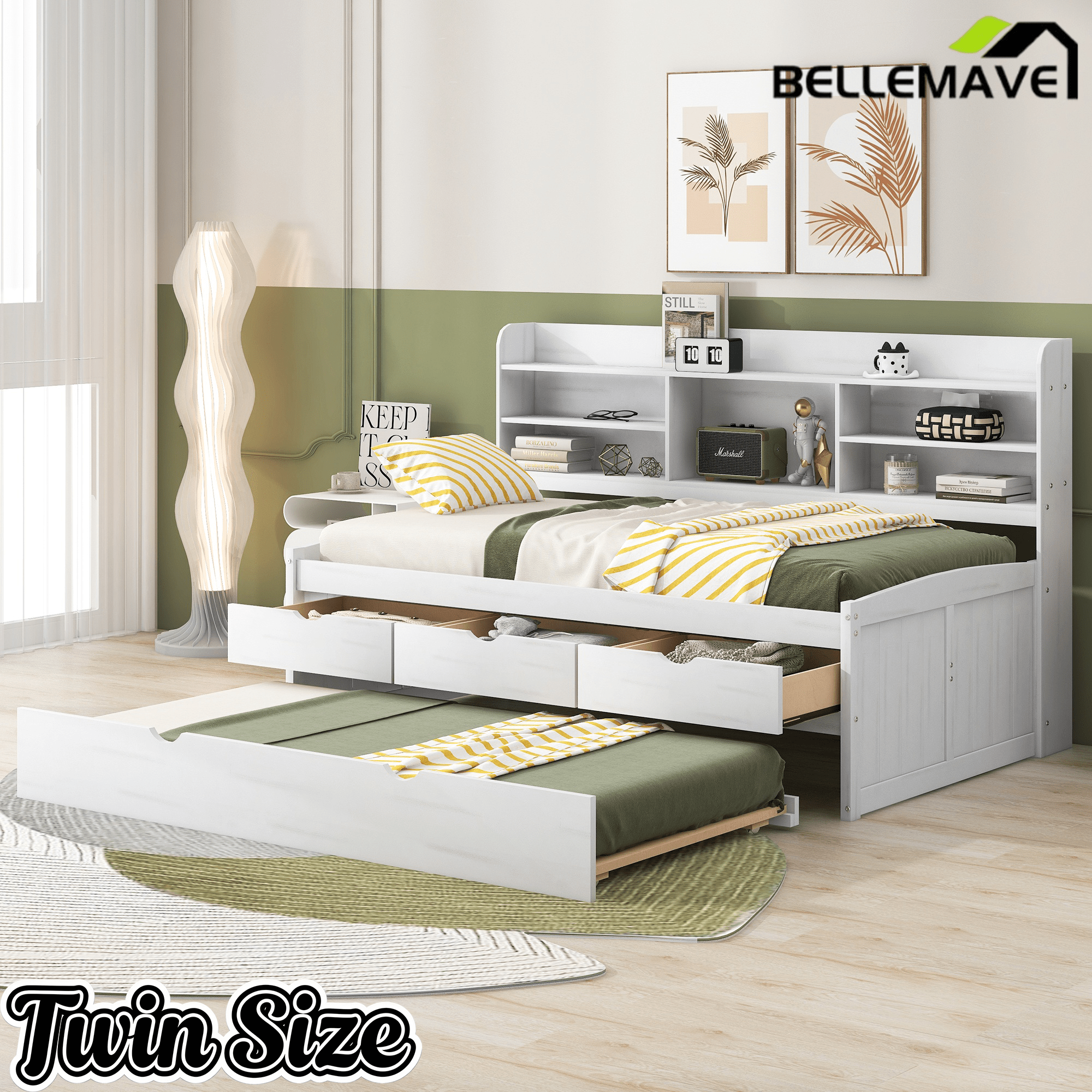 Bellemave Full Size Captain Bed, Full Beds with Trundle & Storage Drawers, Wood Daybed Frame with Bookcase Headboard & Slats Support for Kids Teens, Antique Brown - Bellemave