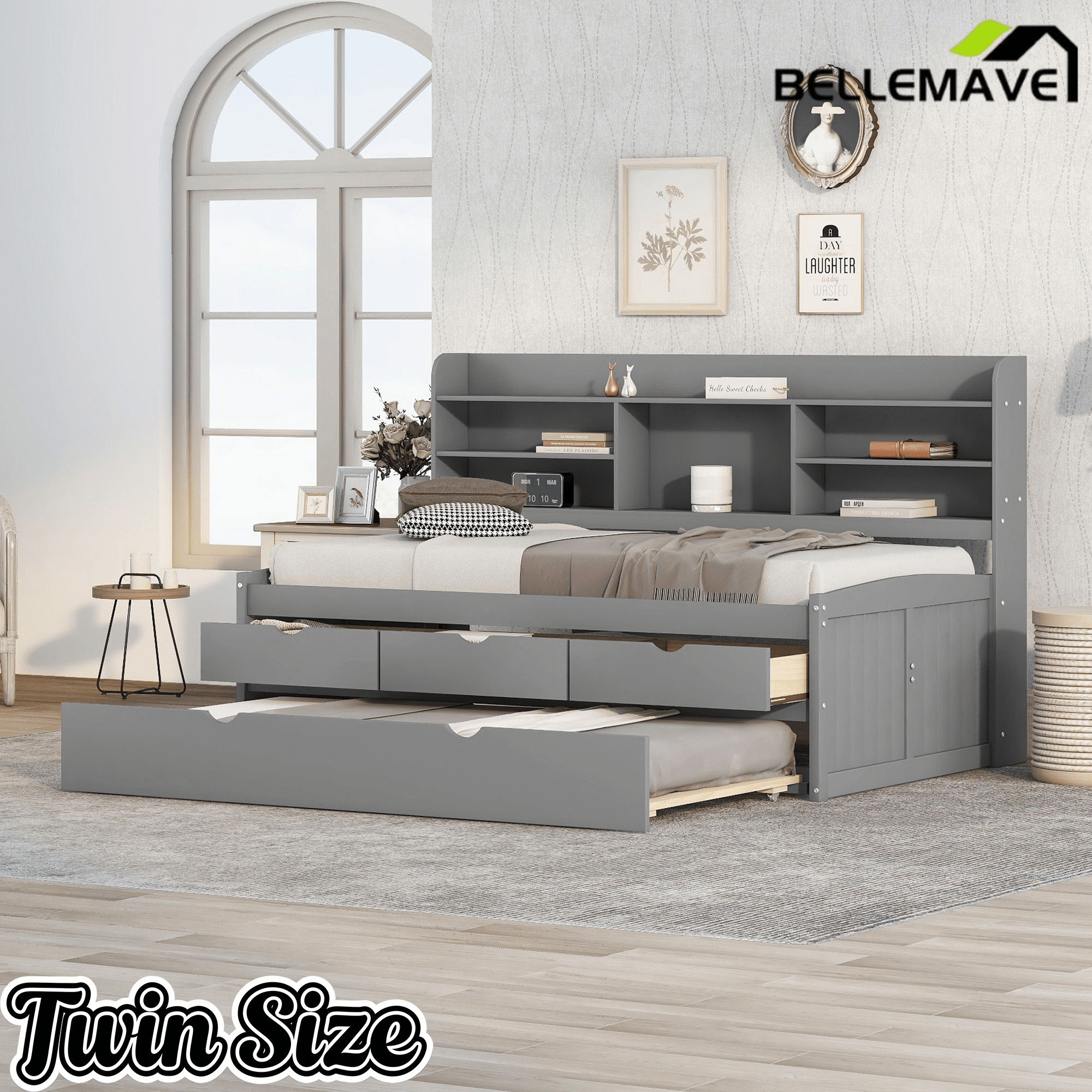 Bellemave Full Size Captain Bed, Full Beds with Trundle & Storage Drawers, Wood Daybed Frame with Bookcase Headboard & Slats Support for Kids Teens, Antique Brown - Bellemave
