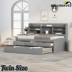 Bellemave Full Size Captain Bed, Full Beds with Trundle & Storage Drawers, Wood Daybed Frame with Bookcase Headboard & Slats Support for Kids Teens, Antique Brown - Bellemave