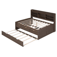 Bellemave Full Size Captain Bed, Full Beds with Trundle & Storage Drawers, Wood Daybed Frame with Bookcase Headboard & Slats Support for Kids Teens, Antique Brown - Bellemave
