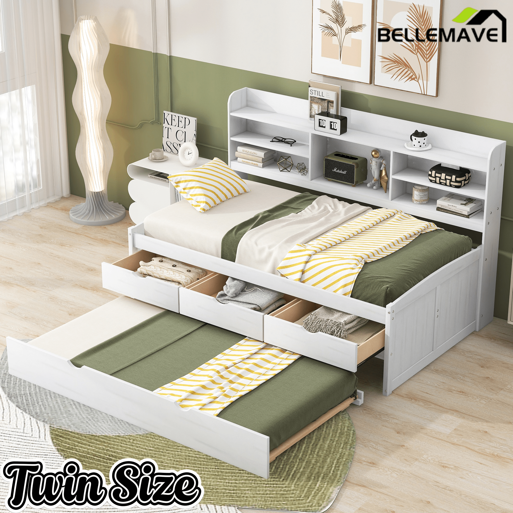 Bellemave Full Size Captain Bed, Full Beds with Trundle & Storage Drawers, Wood Daybed Frame with Bookcase Headboard & Slats Support for Kids Teens, Antique Brown - Bellemave