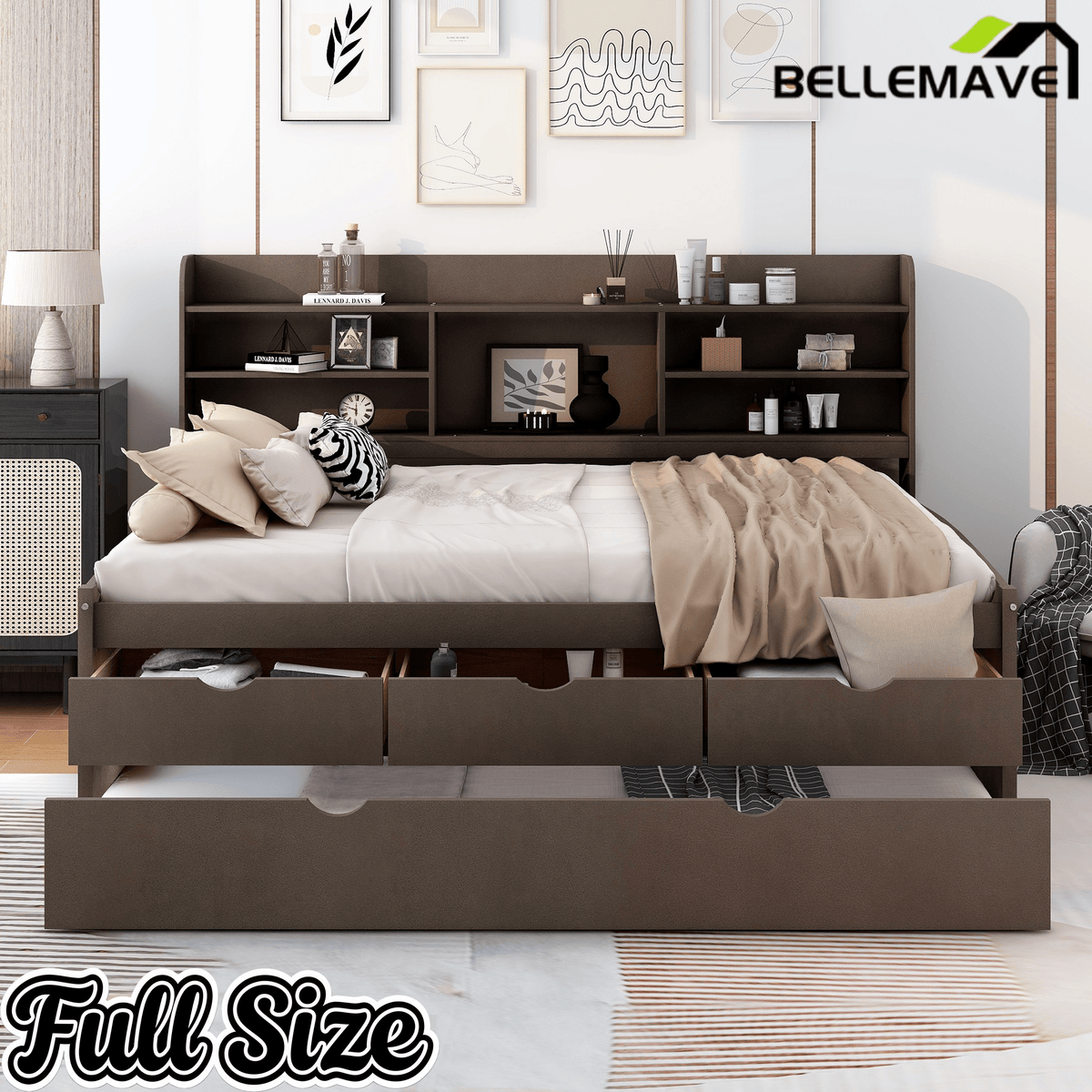 Bellemave Full Size Captain Bed, Full Beds with Trundle & Storage Drawers, Wood Daybed Frame with Bookcase Headboard & Slats Support for Kids Teens, Antique Brown - Bellemave