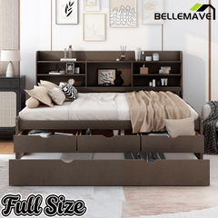 Bellemave Full Size Captain Bed, Full Beds with Trundle & Storage Drawers, Wood Daybed Frame with Bookcase Headboard & Slats Support for Kids Teens, Antique Brown - Bellemave