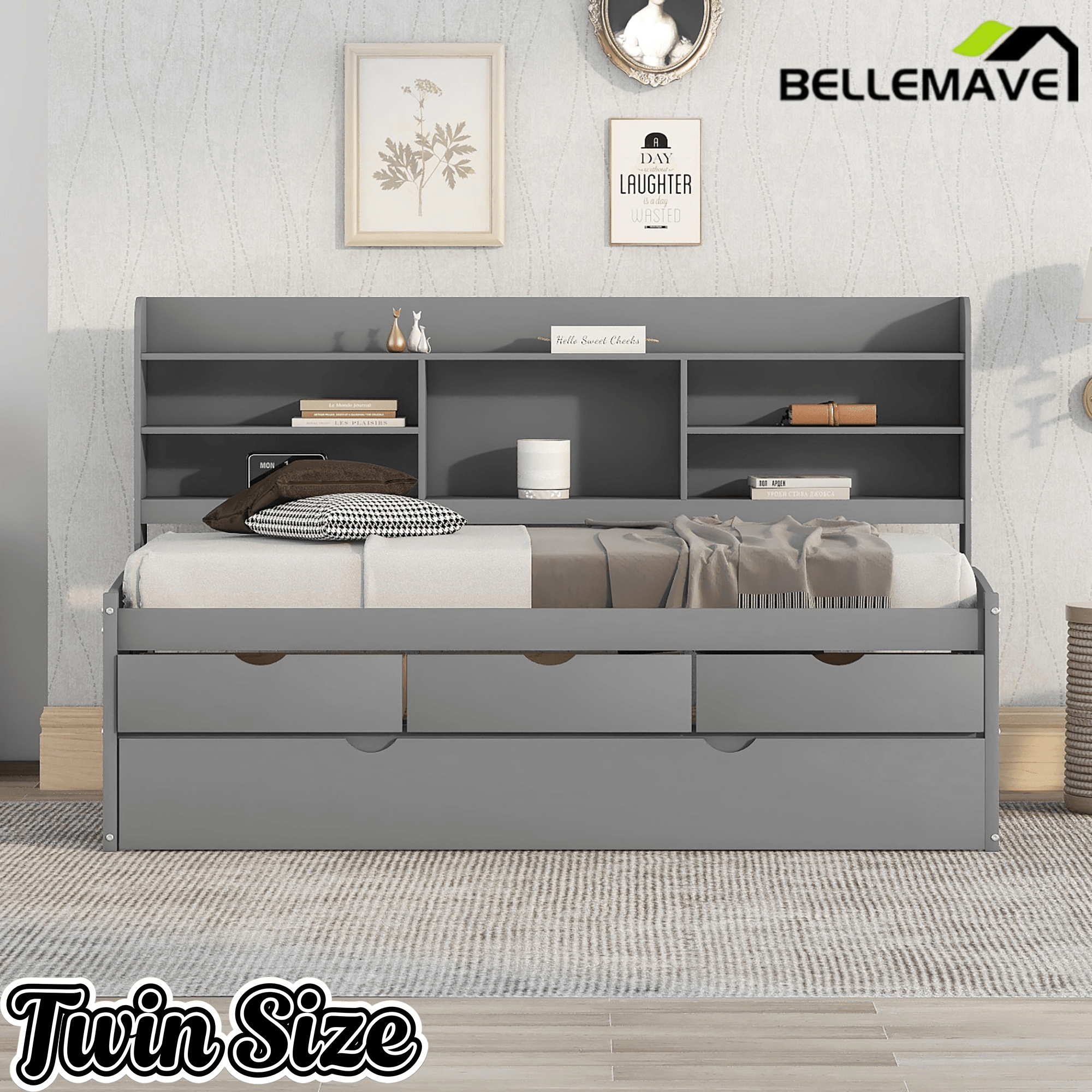 Bellemave Full Size Captain Bed, Full Beds with Trundle & Storage Drawers, Wood Daybed Frame with Bookcase Headboard & Slats Support for Kids Teens, Antique Brown - Bellemave