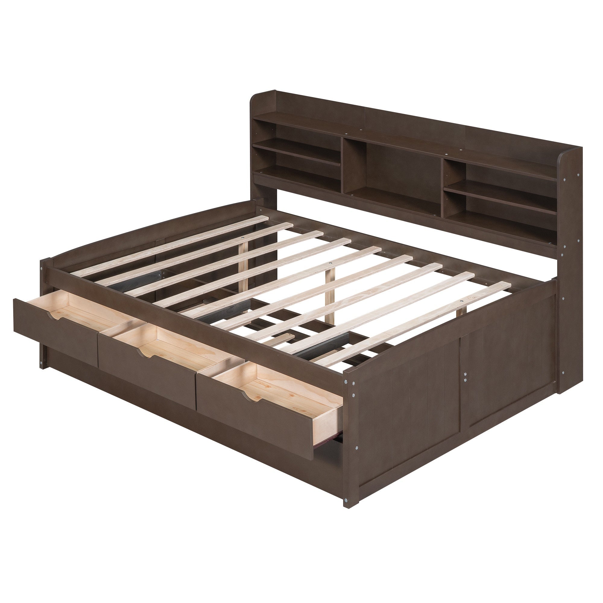 Bellemave Full Size Captain Bed, Full Beds with Trundle & Storage Drawers, Wood Daybed Frame with Bookcase Headboard & Slats Support for Kids Teens, Antique Brown - Bellemave