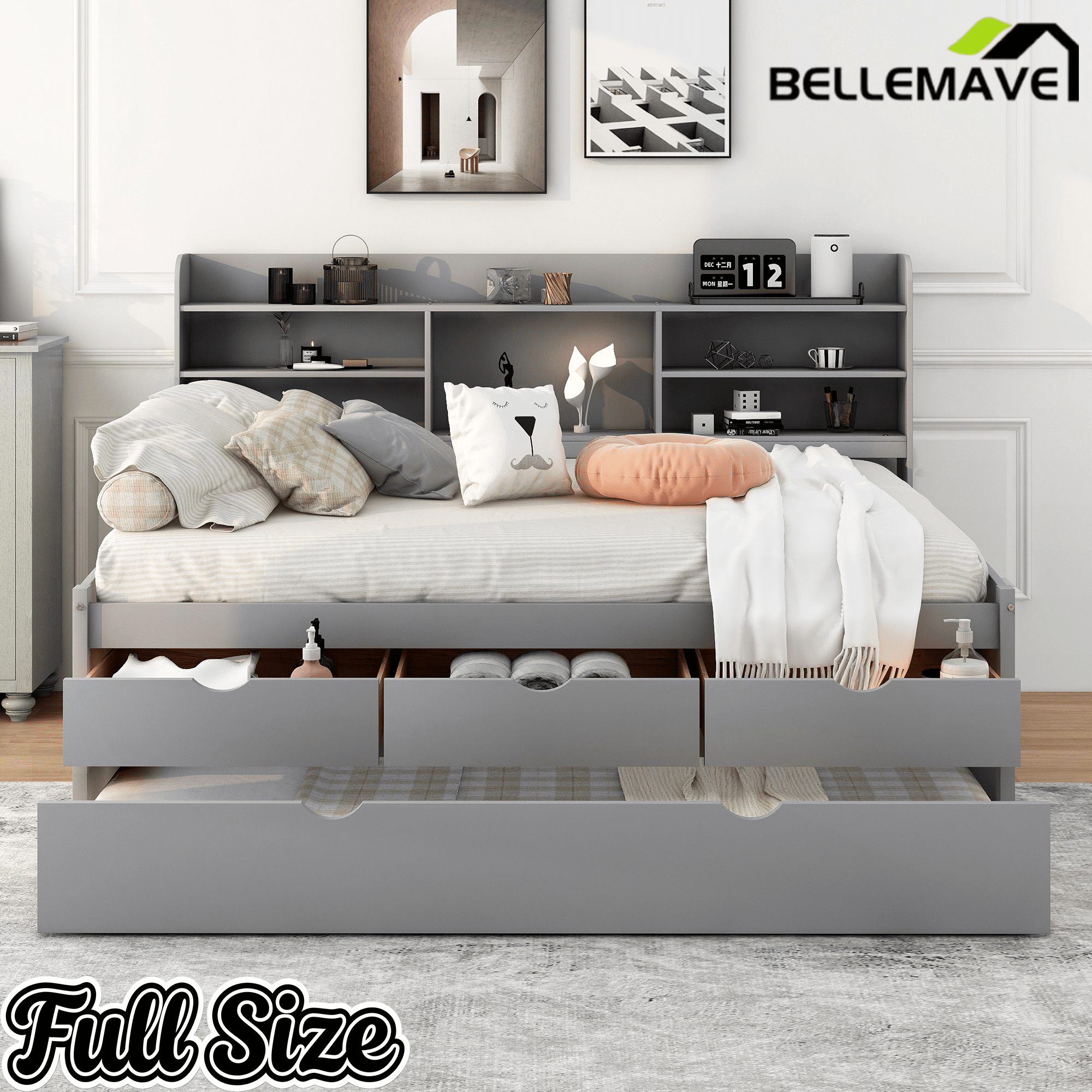 Bellemave Full Size Captain Bed, Full Beds with Trundle & Storage Drawers, Wood Daybed Frame with Bookcase Headboard & Slats Support for Kids Teens, Antique Brown - Bellemave