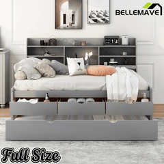 Bellemave Full Size Captain Bed, Full Beds with Trundle & Storage Drawers, Wood Daybed Frame with Bookcase Headboard & Slats Support for Kids Teens, Antique Brown - Bellemave