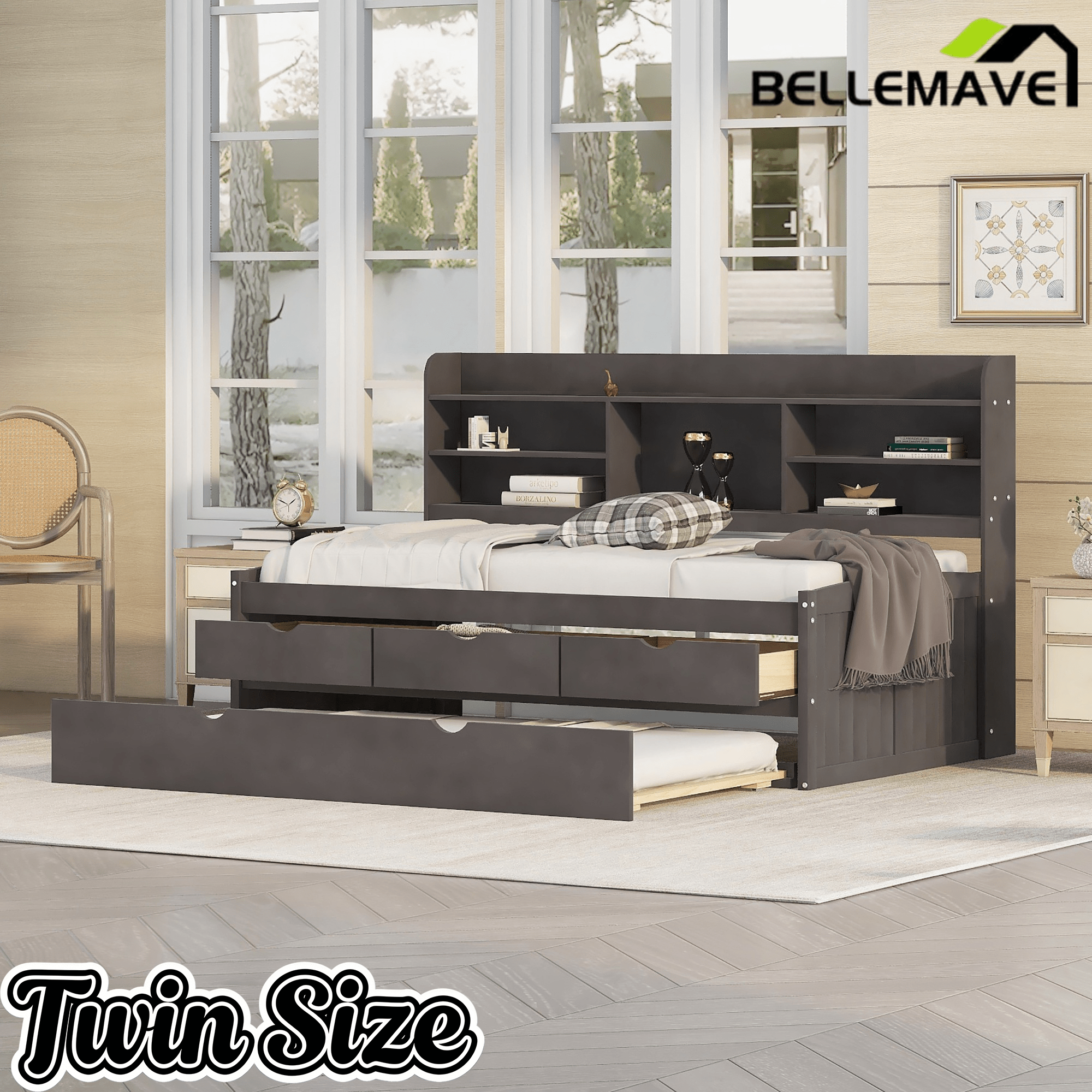 Bellemave Full Size Captain Bed, Full Beds with Trundle & Storage Drawers, Wood Daybed Frame with Bookcase Headboard & Slats Support for Kids Teens, Antique Brown - Bellemave