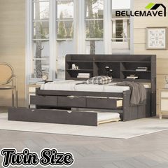 Bellemave Full Size Captain Bed, Full Beds with Trundle & Storage Drawers, Wood Daybed Frame with Bookcase Headboard & Slats Support for Kids Teens, Antique Brown - Bellemave