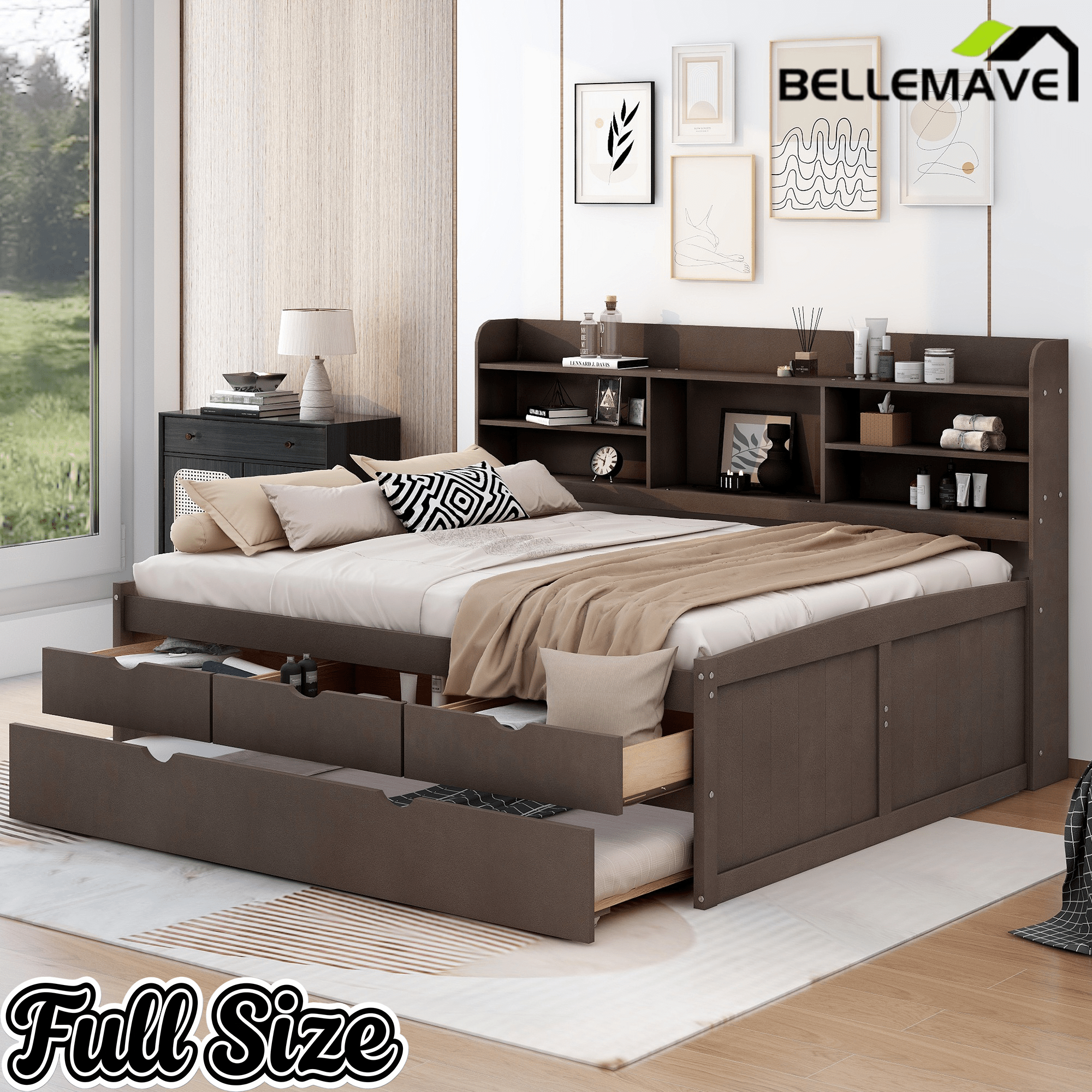 Bellemave Full Size Captain Bed, Full Beds with Trundle & Storage Drawers, Wood Daybed Frame with Bookcase Headboard & Slats Support for Kids Teens, Antique Brown - Bellemave