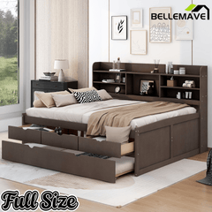 Bellemave Full Size Captain Bed, Full Beds with Trundle & Storage Drawers, Wood Daybed Frame with Bookcase Headboard & Slats Support for Kids Teens, Antique Brown - Bellemave