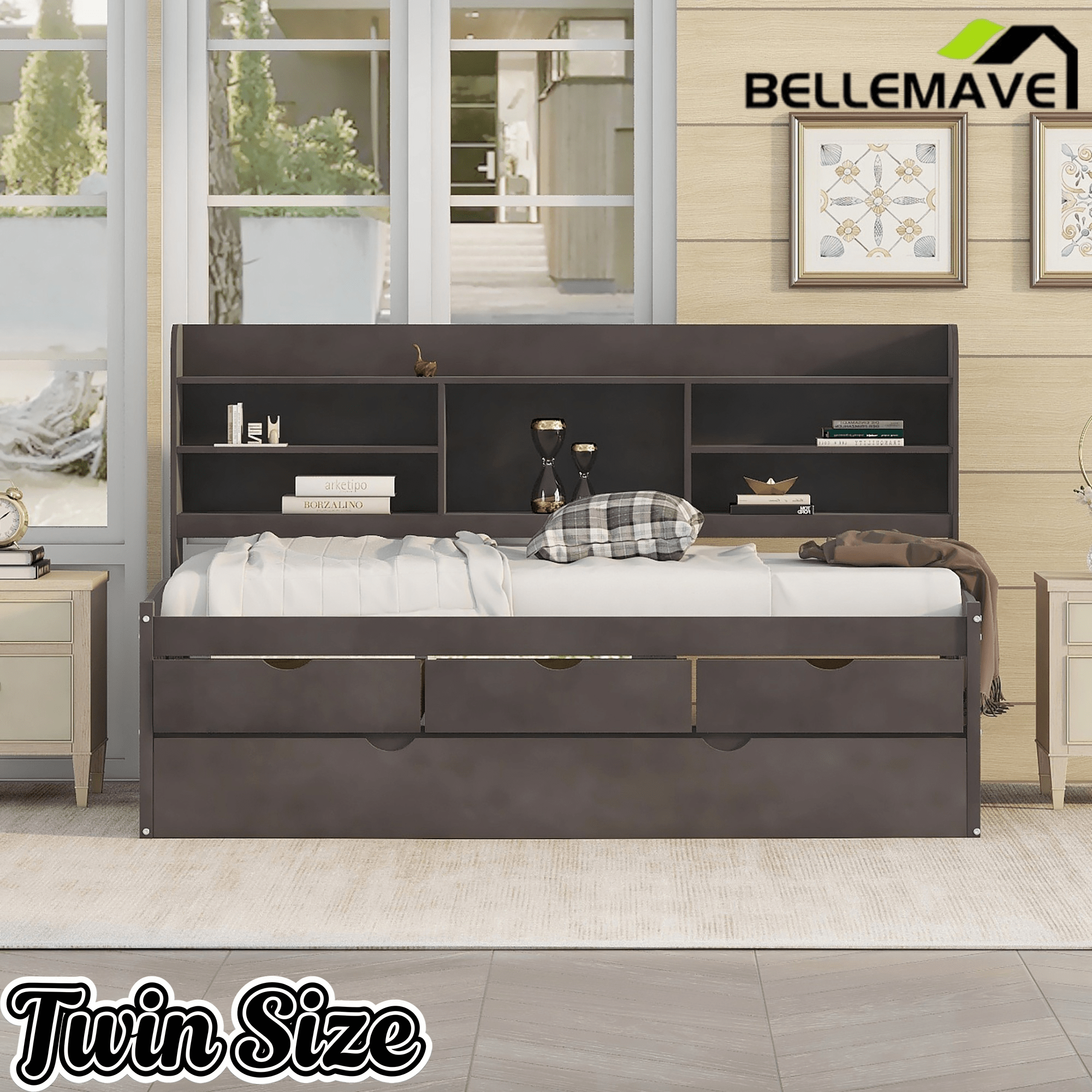 Bellemave Full Size Captain Bed, Full Beds with Trundle & Storage Drawers, Wood Daybed Frame with Bookcase Headboard & Slats Support for Kids Teens, Antique Brown - Bellemave