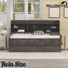 Bellemave Full Size Captain Bed, Full Beds with Trundle & Storage Drawers, Wood Daybed Frame with Bookcase Headboard & Slats Support for Kids Teens, Antique Brown - Bellemave