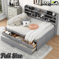 Bellemave Full Size Captain Bed, Full Beds with Trundle & Storage Drawers, Wood Daybed Frame with Bookcase Headboard & Slats Support for Kids Teens, Antique Brown - Bellemave