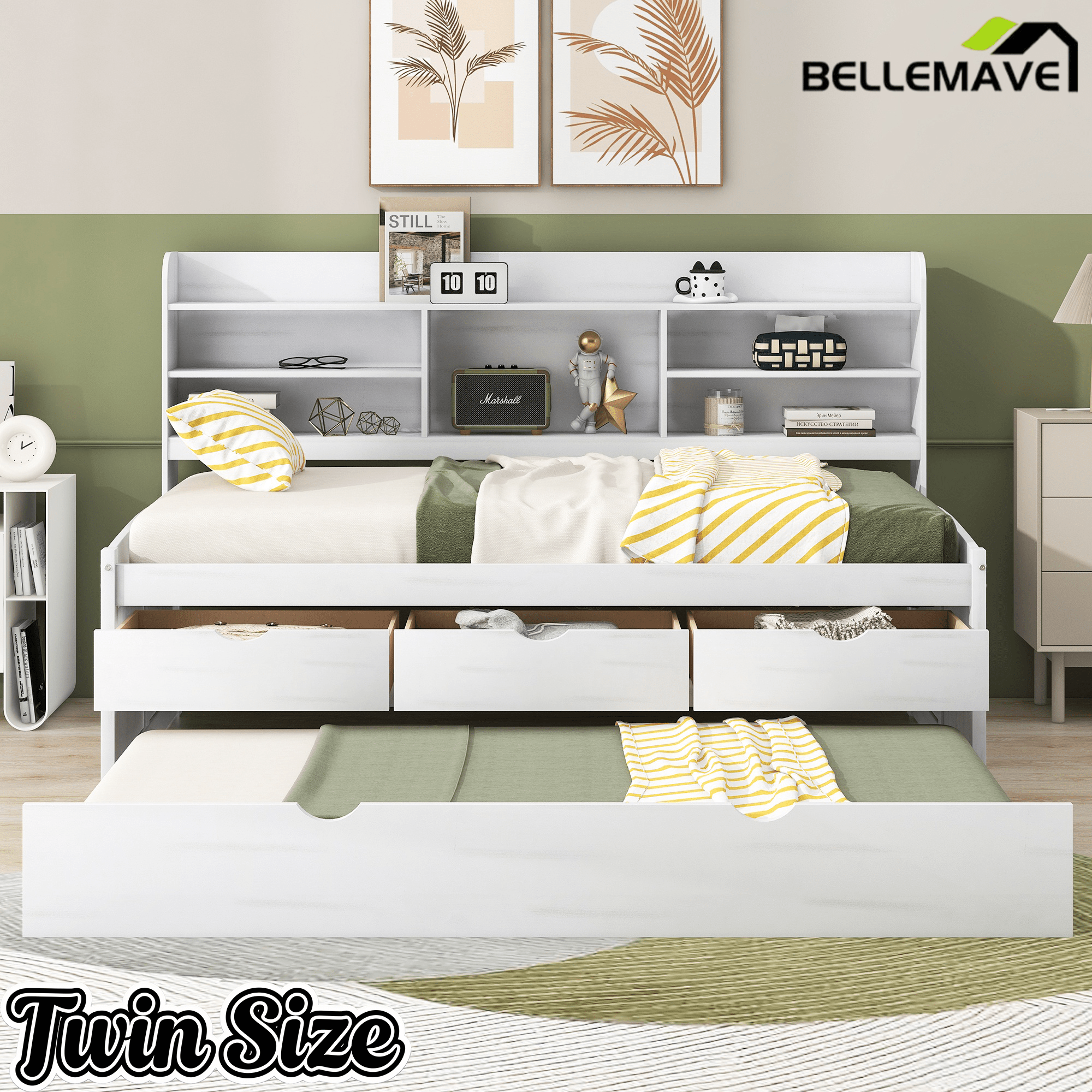 Bellemave Full Size Captain Bed, Full Beds with Trundle & Storage Drawers, Wood Daybed Frame with Bookcase Headboard & Slats Support for Kids Teens, Antique Brown - Bellemave