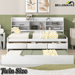 Bellemave Full Size Captain Bed, Full Beds with Trundle & Storage Drawers, Wood Daybed Frame with Bookcase Headboard & Slats Support for Kids Teens, Antique Brown - Bellemave