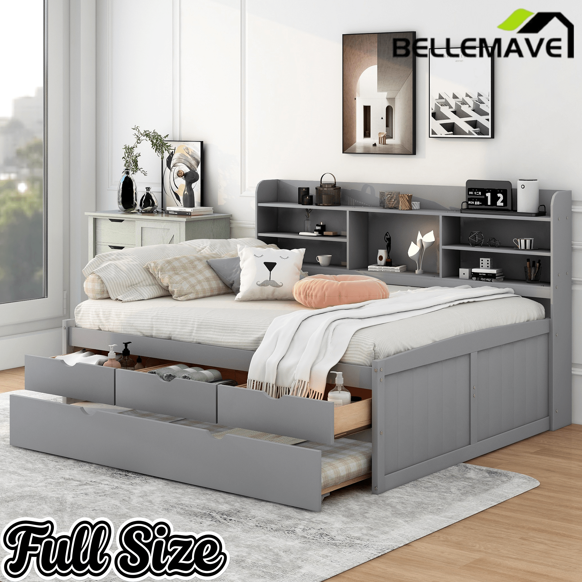 Bellemave Full Size Captain Bed, Full Beds with Trundle & Storage Drawers, Wood Daybed Frame with Bookcase Headboard & Slats Support for Kids Teens, Antique Brown - Bellemave