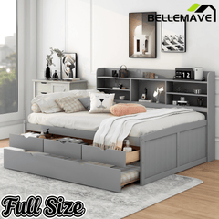 Bellemave Full Size Captain Bed, Full Beds with Trundle & Storage Drawers, Wood Daybed Frame with Bookcase Headboard & Slats Support for Kids Teens, Antique Brown - Bellemave