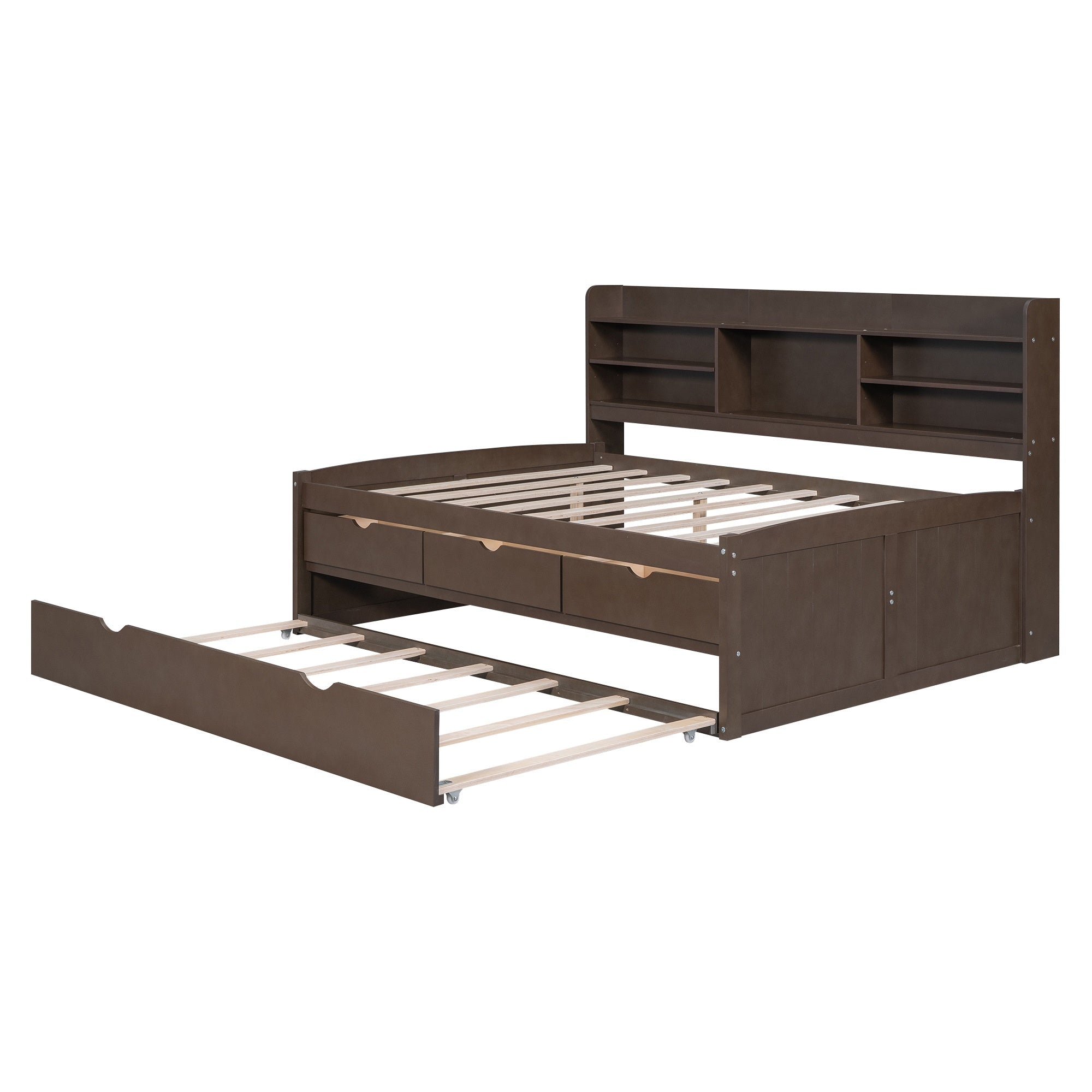 Bellemave Full Size Captain Bed, Full Beds with Trundle & Storage Drawers, Wood Daybed Frame with Bookcase Headboard & Slats Support for Kids Teens, Antique Brown - Bellemave