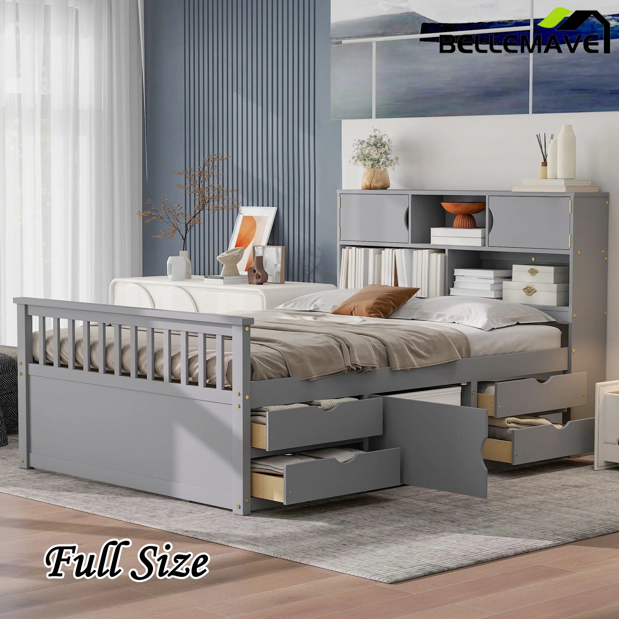 Bellemave® Full Size Captain Platform Bed with Storage Bookcases and Shelves,Four Drawers - Bellemave