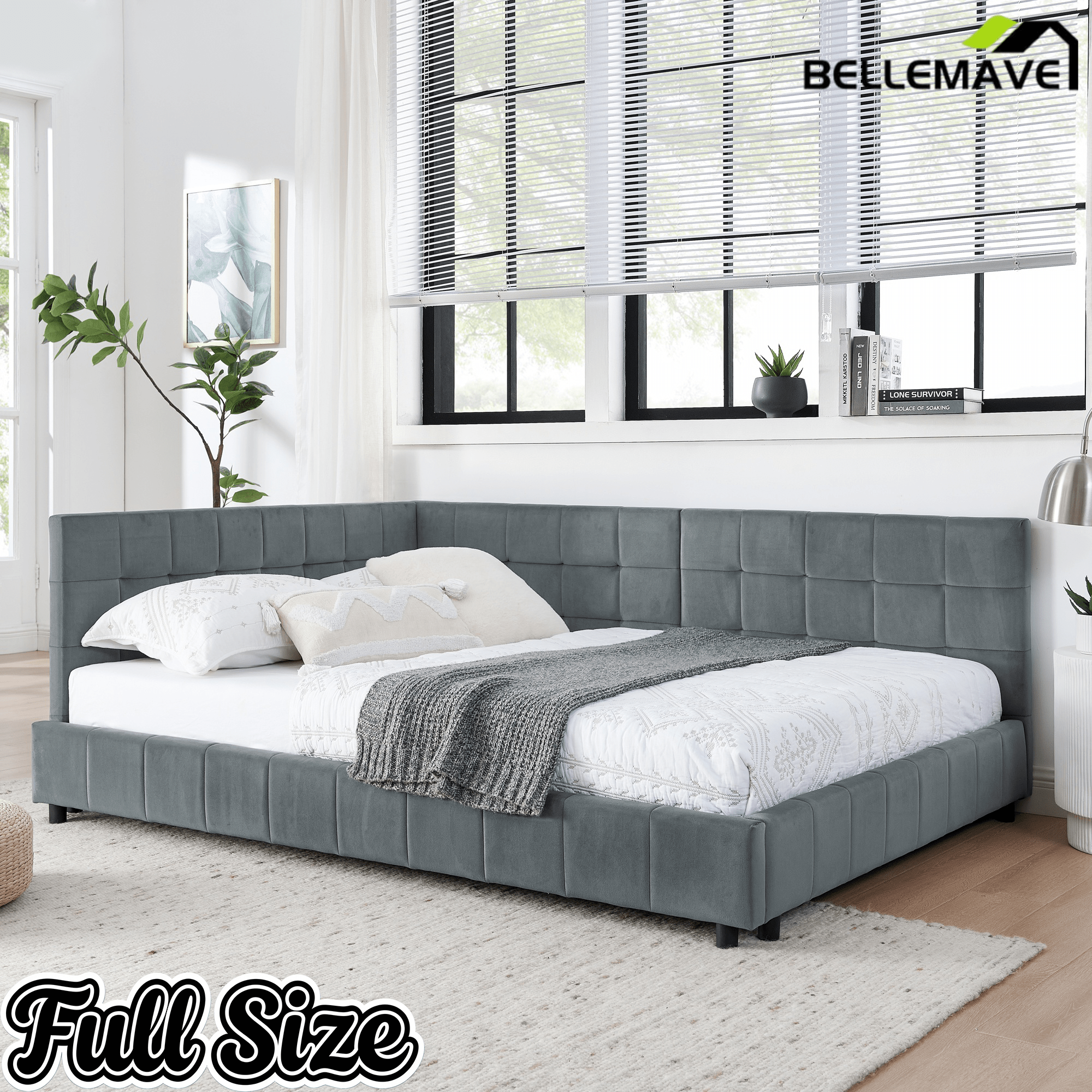 Bellemave® Full Size Corner Bed Frame with Comfortable Backrest & Armrests, Velvet Tufted Corner Bed Frame Full Size, Upholstered Daybed for Bedroom, Living Room, Guest Room, Black - Bellemave