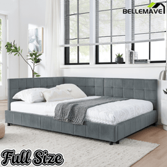 Bellemave® Full Size Corner Bed Frame with Comfortable Backrest & Armrests, Velvet Tufted Corner Bed Frame Full Size, Upholstered Daybed for Bedroom, Living Room, Guest Room, Black - Bellemave