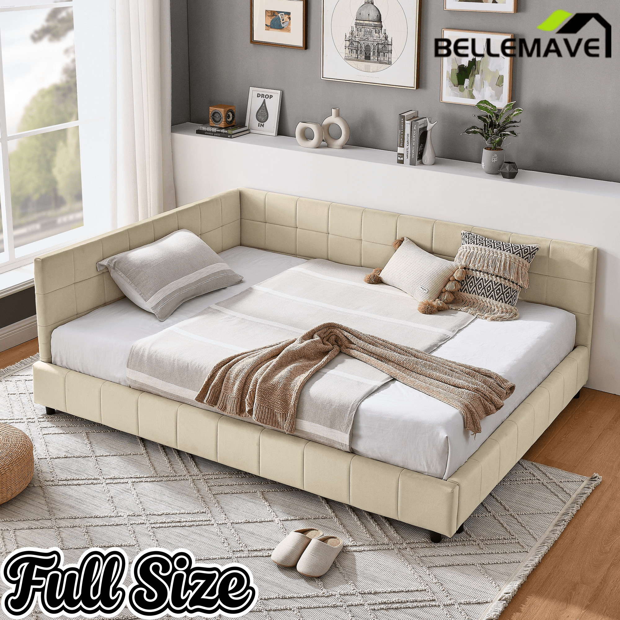 Bellemave® Full Size Corner Bed Frame with Comfortable Backrest & Armrests, Velvet Tufted Corner Bed Frame Full Size, Upholstered Daybed for Bedroom, Living Room, Guest Room, Black - Bellemave