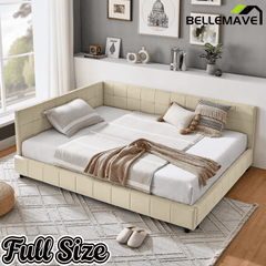 Bellemave® Full Size Corner Bed Frame with Comfortable Backrest & Armrests, Velvet Tufted Corner Bed Frame Full Size, Upholstered Daybed for Bedroom, Living Room, Guest Room, Black - Bellemave
