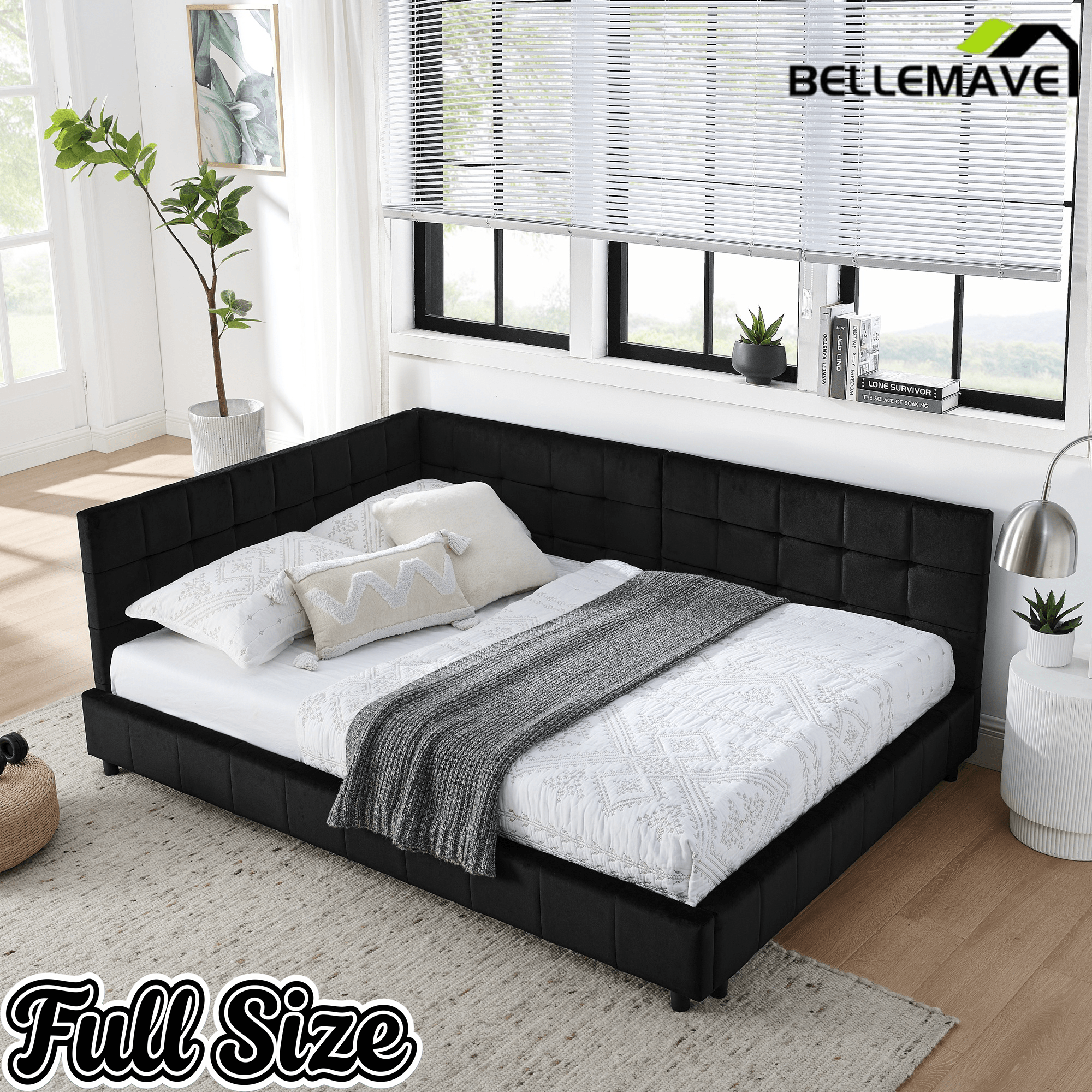 Bellemave® Full Size Corner Bed Frame with Comfortable Backrest & Armrests, Velvet Tufted Corner Bed Frame Full Size, Upholstered Daybed for Bedroom, Living Room, Guest Room, Black - Bellemave