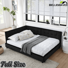 Bellemave® Full Size Corner Bed Frame with Comfortable Backrest & Armrests, Velvet Tufted Corner Bed Frame Full Size, Upholstered Daybed for Bedroom, Living Room, Guest Room, Black - Bellemave