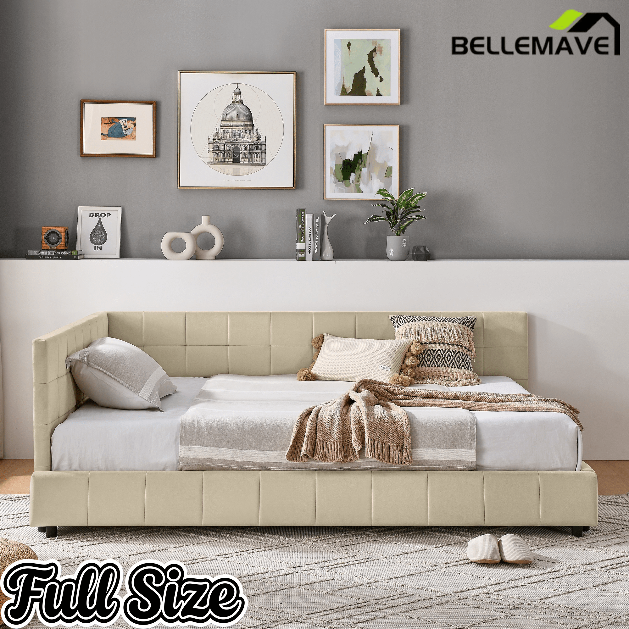 Bellemave® Full Size Corner Bed Frame with Comfortable Backrest & Armrests, Velvet Tufted Corner Bed Frame Full Size, Upholstered Daybed for Bedroom, Living Room, Guest Room, Black - Bellemave