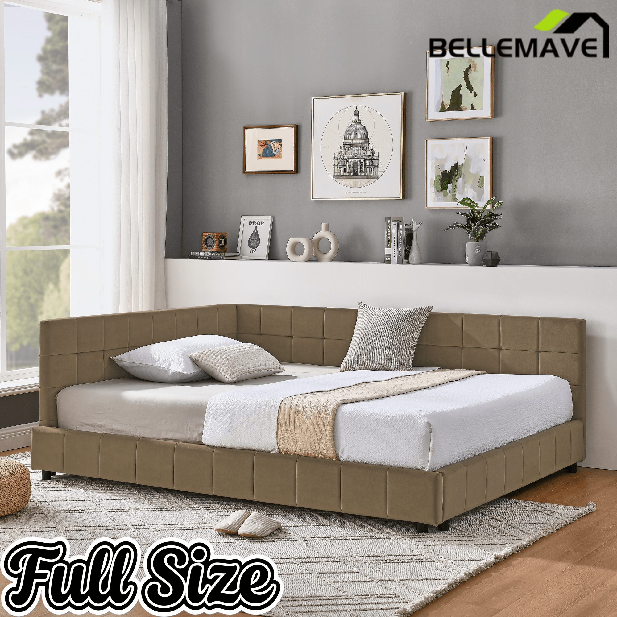 Bellemave® Full Size Corner Bed Frame with Comfortable Backrest & Armrests, Velvet Tufted Corner Bed Frame Full Size, Upholstered Daybed for Bedroom, Living Room, Guest Room, Black - Bellemave