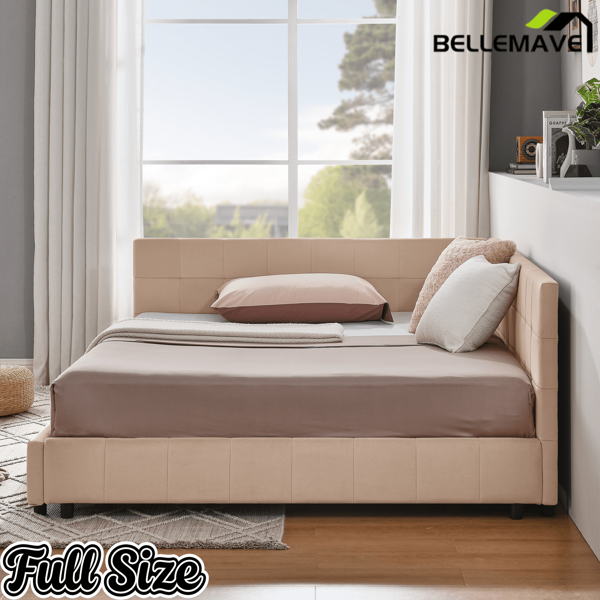 Bellemave® Full Size Corner Bed Frame with Comfortable Backrest & Armrests, Velvet Tufted Corner Bed Frame Full Size, Upholstered Daybed for Bedroom, Living Room, Guest Room, Black - Bellemave