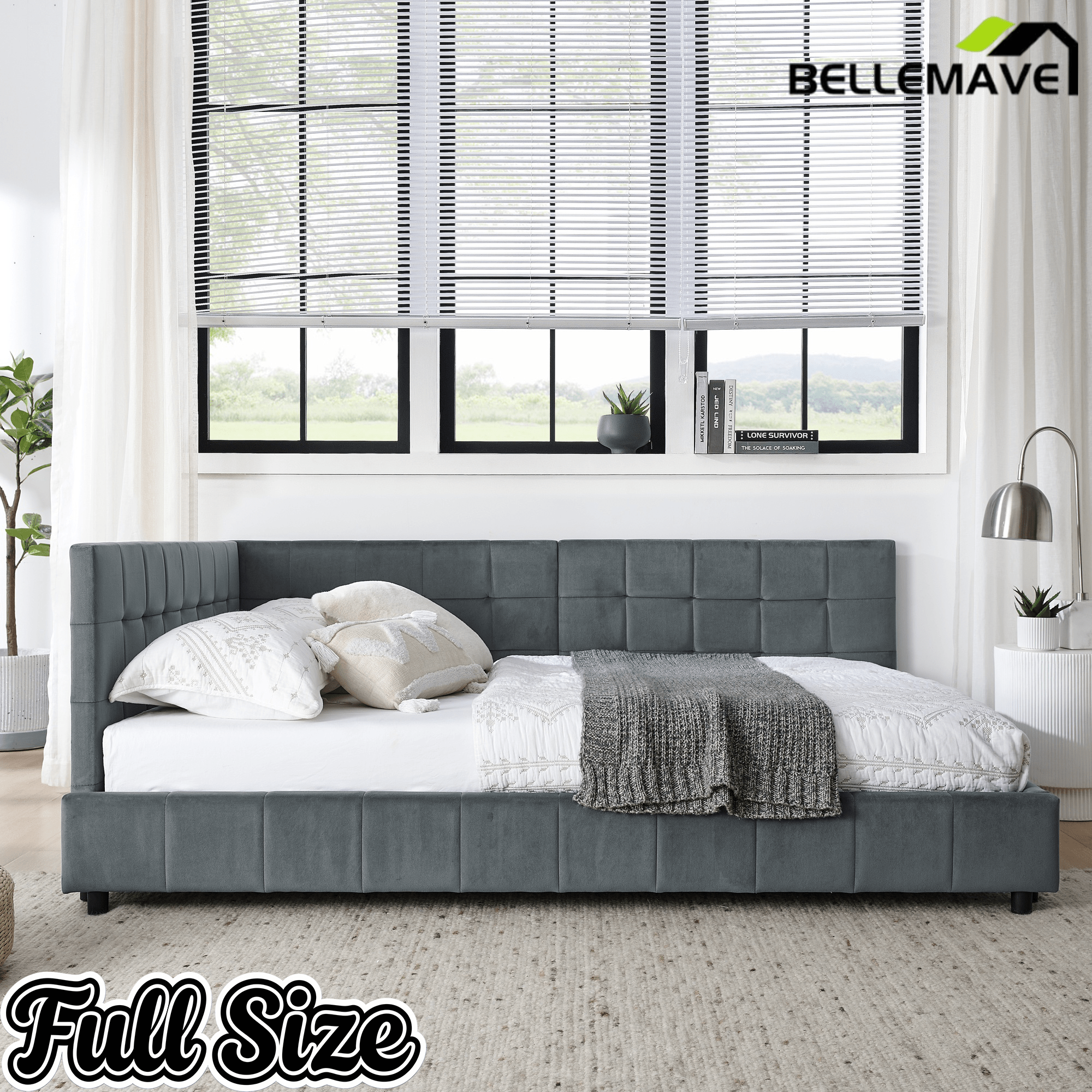 Bellemave® Full Size Corner Bed Frame with Comfortable Backrest & Armrests, Velvet Tufted Corner Bed Frame Full Size, Upholstered Daybed for Bedroom, Living Room, Guest Room, Black - Bellemave