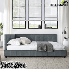 Bellemave® Full Size Corner Bed Frame with Comfortable Backrest & Armrests, Velvet Tufted Corner Bed Frame Full Size, Upholstered Daybed for Bedroom, Living Room, Guest Room, Black - Bellemave