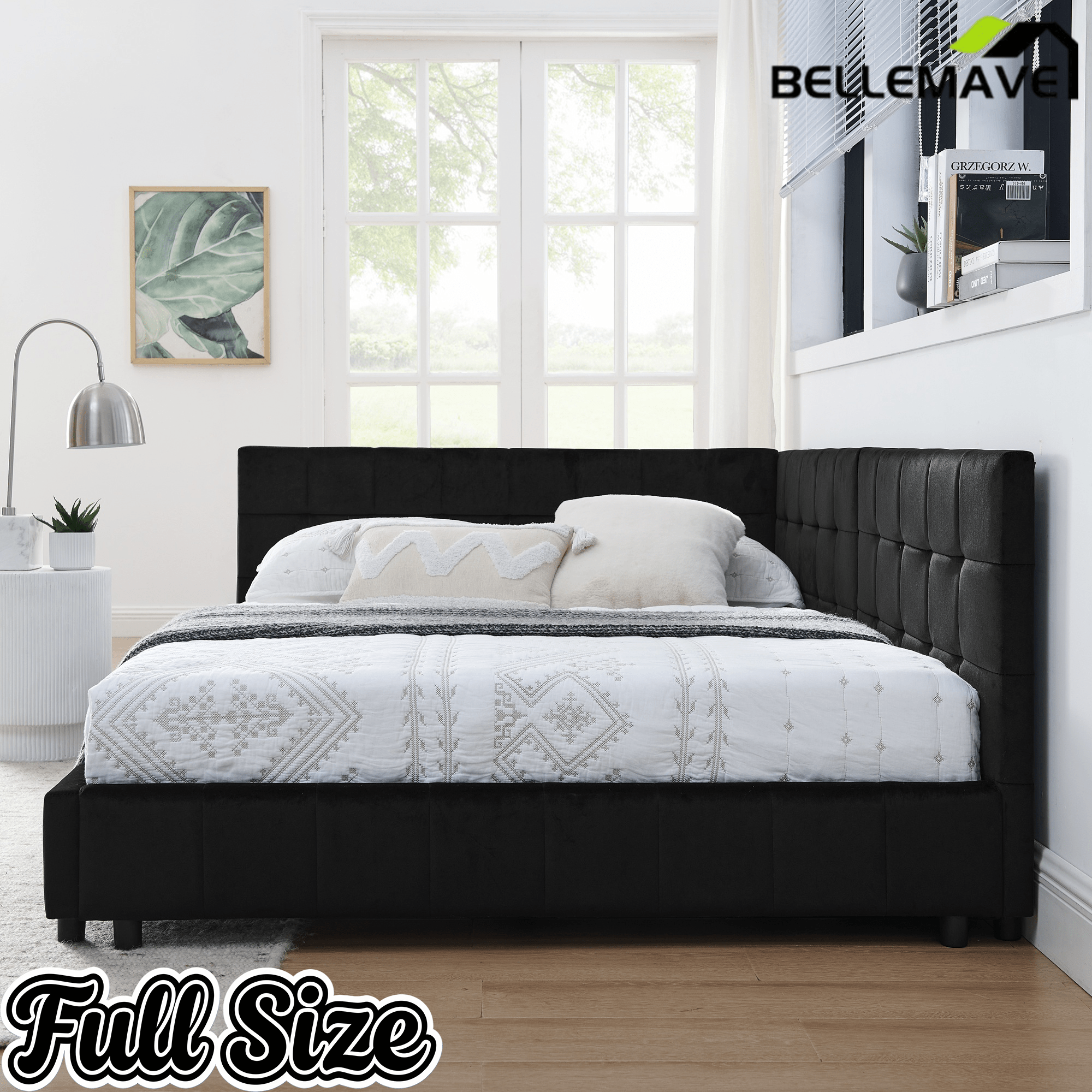 Bellemave® Full Size Corner Bed Frame with Comfortable Backrest & Armrests, Velvet Tufted Corner Bed Frame Full Size, Upholstered Daybed for Bedroom, Living Room, Guest Room, Black - Bellemave