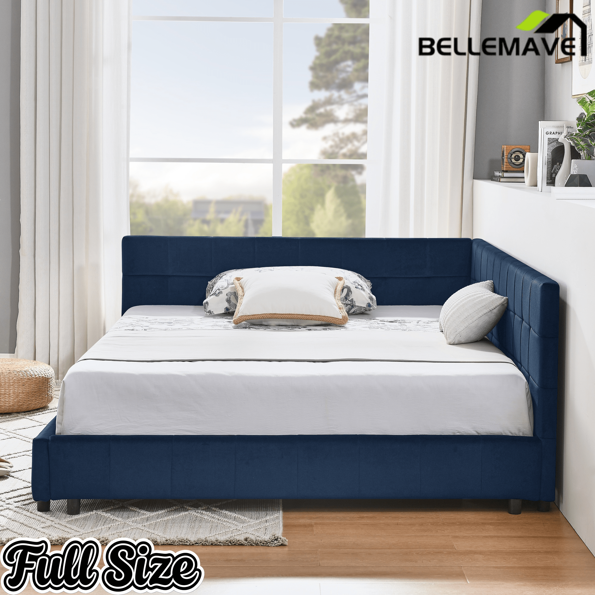 Bellemave® Full Size Corner Bed Frame with Comfortable Backrest & Armrests, Velvet Tufted Corner Bed Frame Full Size, Upholstered Daybed for Bedroom, Living Room, Guest Room, Black - Bellemave