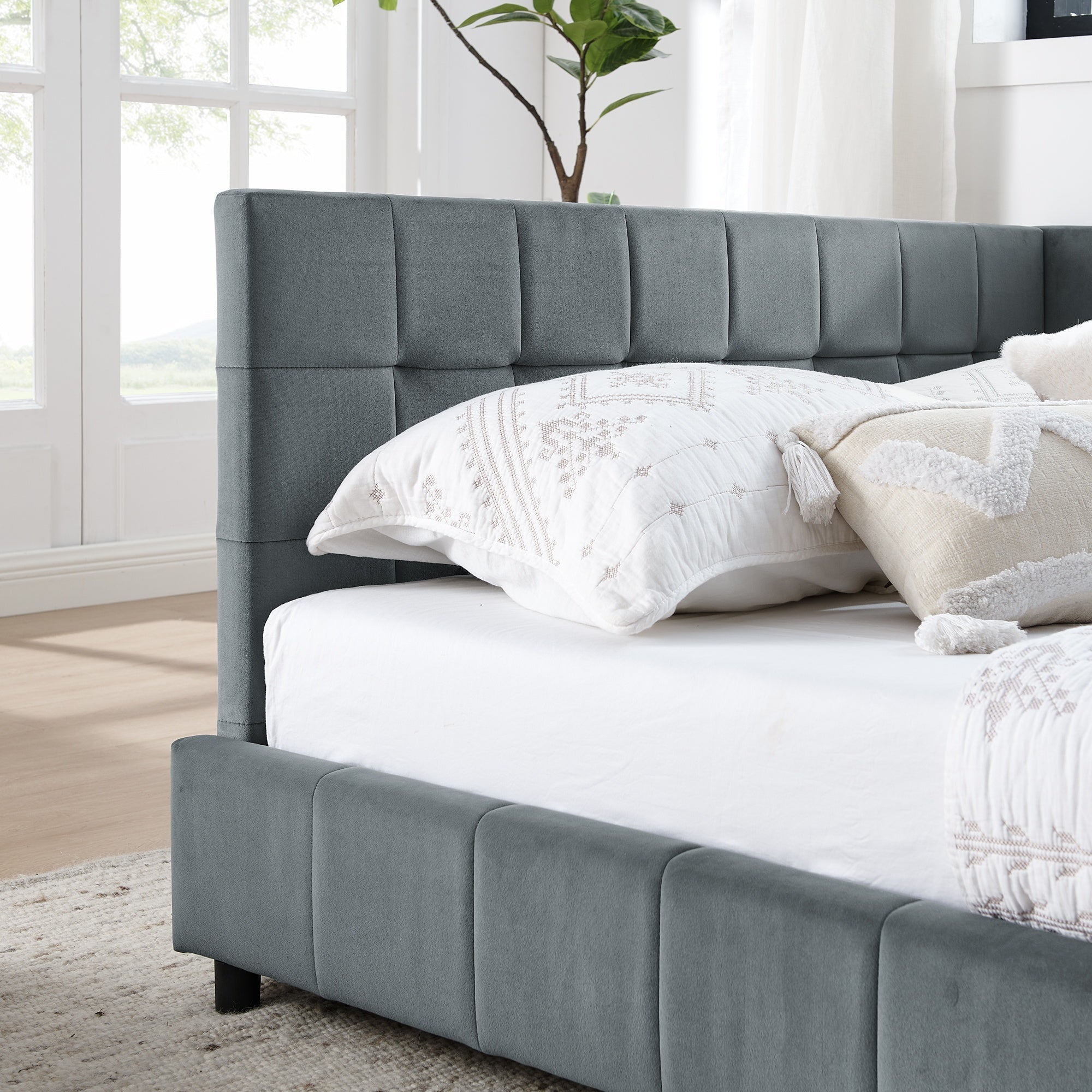 Bellemave® Full Size Corner Bed Frame with Comfortable Backrest & Armrests, Velvet Tufted Corner Bed Frame Full Size, Upholstered Daybed for Bedroom, Living Room, Guest Room, Black - Bellemave