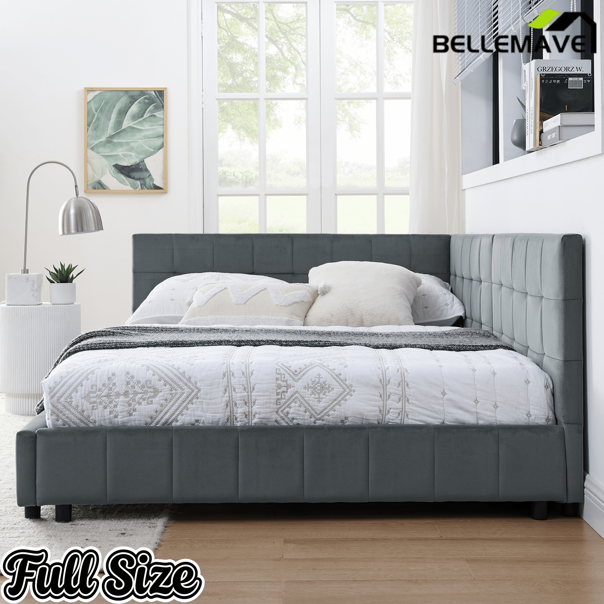 Bellemave® Full Size Corner Bed Frame with Comfortable Backrest & Armrests, Velvet Tufted Corner Bed Frame Full Size, Upholstered Daybed for Bedroom, Living Room, Guest Room, Black - Bellemave