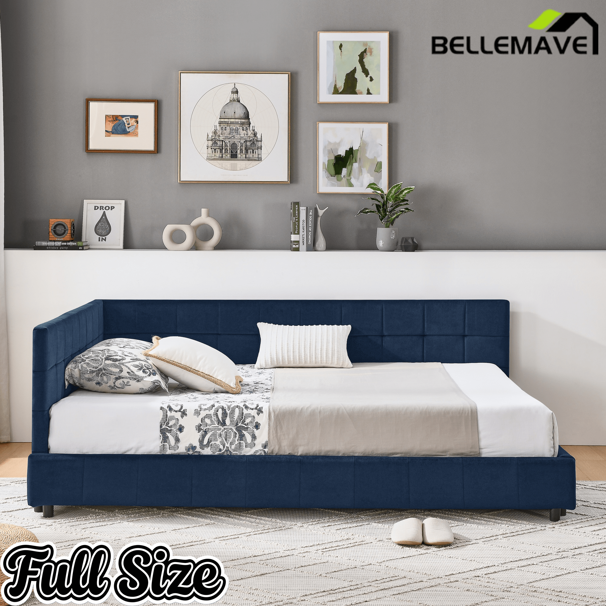 Bellemave® Full Size Corner Bed Frame with Comfortable Backrest & Armrests, Velvet Tufted Corner Bed Frame Full Size, Upholstered Daybed for Bedroom, Living Room, Guest Room, Black - Bellemave