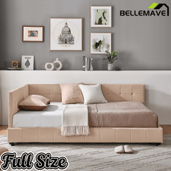 Bellemave® Full Size Corner Bed Frame with Comfortable Backrest & Armrests, Velvet Tufted Corner Bed Frame Full Size, Upholstered Daybed for Bedroom, Living Room, Guest Room, Black - Bellemave