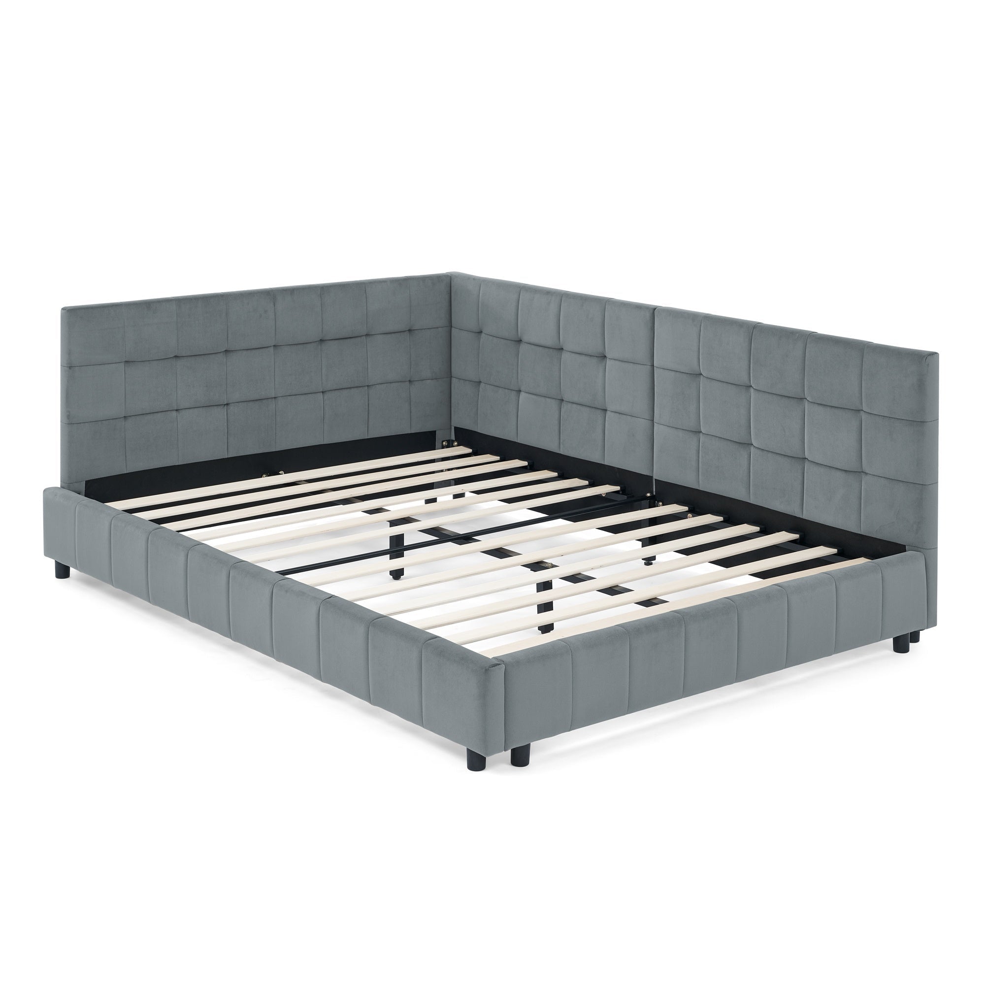Bellemave® Full Size Corner Bed Frame with Comfortable Backrest & Armrests, Velvet Tufted Corner Bed Frame Full Size, Upholstered Daybed for Bedroom, Living Room, Guest Room, Black - Bellemave