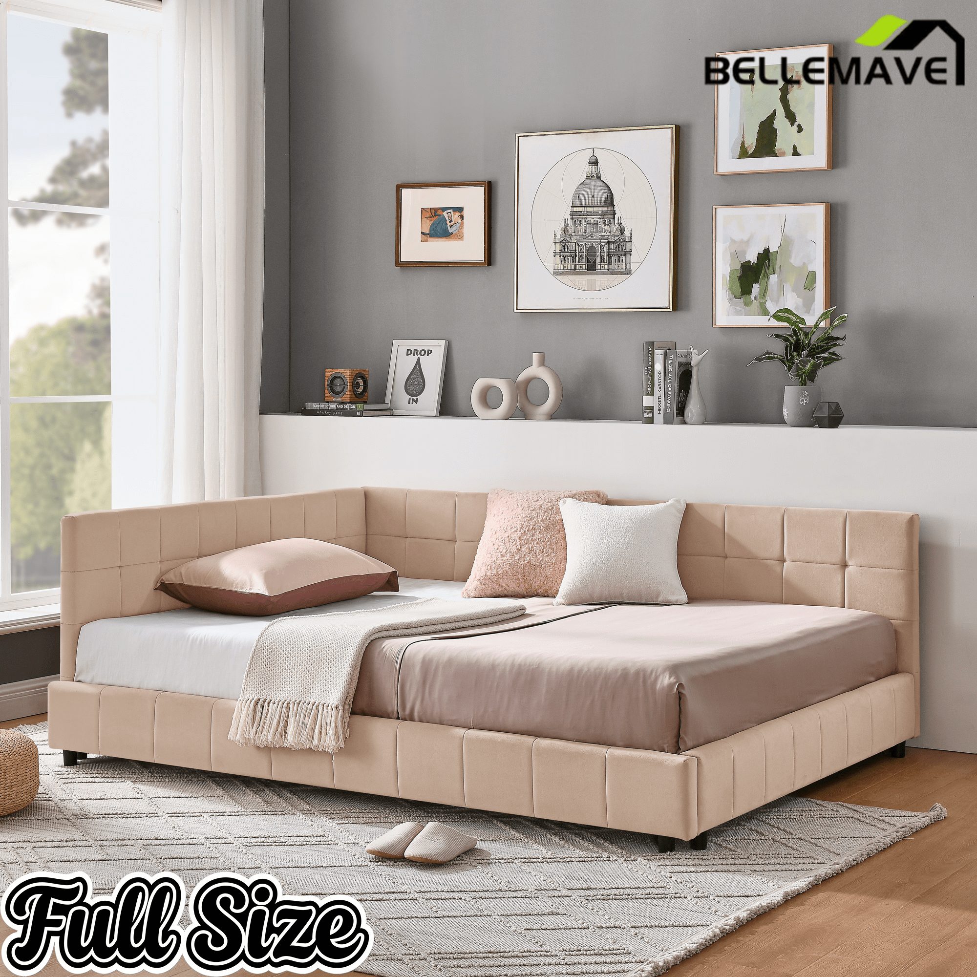 Bellemave® Full Size Corner Bed Frame with Comfortable Backrest & Armrests, Velvet Tufted Corner Bed Frame Full Size, Upholstered Daybed for Bedroom, Living Room, Guest Room, Black - Bellemave