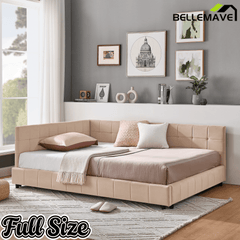 Bellemave® Full Size Corner Bed Frame with Comfortable Backrest & Armrests, Velvet Tufted Corner Bed Frame Full Size, Upholstered Daybed for Bedroom, Living Room, Guest Room, Black - Bellemave