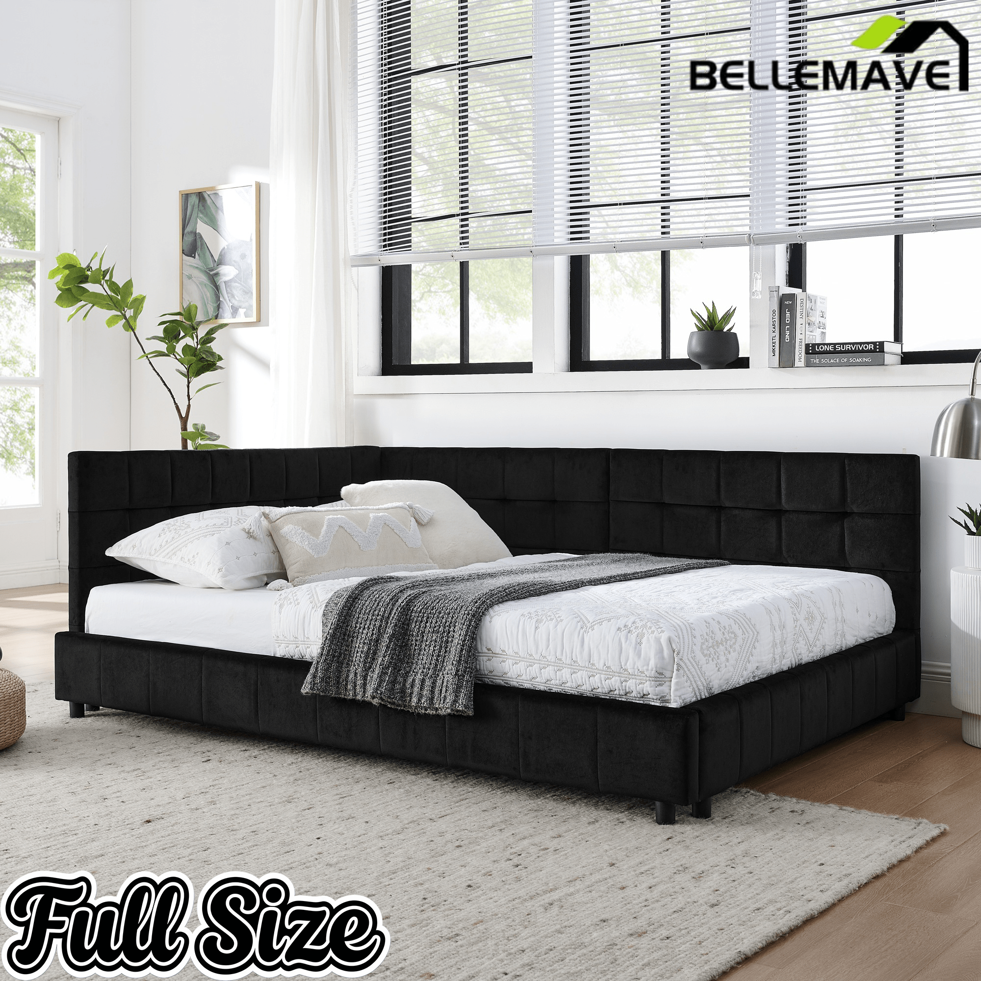 Bellemave® Full Size Corner Bed Frame with Comfortable Backrest & Armrests, Velvet Tufted Corner Bed Frame Full Size, Upholstered Daybed for Bedroom, Living Room, Guest Room, Black - Bellemave