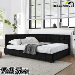 Bellemave® Full Size Corner Bed Frame with Comfortable Backrest & Armrests, Velvet Tufted Corner Bed Frame Full Size, Upholstered Daybed for Bedroom, Living Room, Guest Room, Black - Bellemave