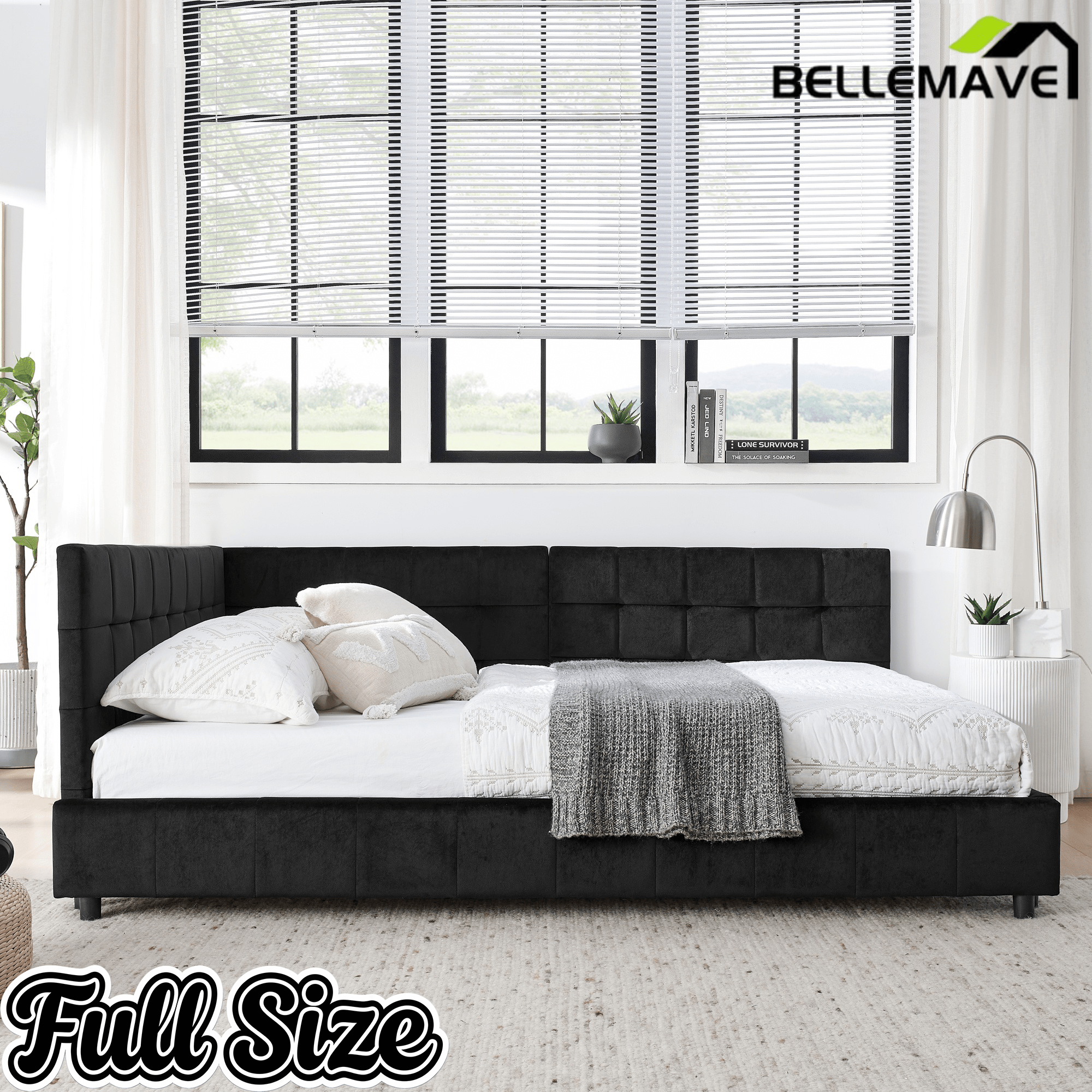 Bellemave® Full Size Corner Bed Frame with Comfortable Backrest & Armrests, Velvet Tufted Corner Bed Frame Full Size, Upholstered Daybed for Bedroom, Living Room, Guest Room, Black - Bellemave