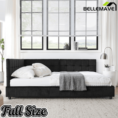 Bellemave® Full Size Corner Bed Frame with Comfortable Backrest & Armrests, Velvet Tufted Corner Bed Frame Full Size, Upholstered Daybed for Bedroom, Living Room, Guest Room, Black - Bellemave