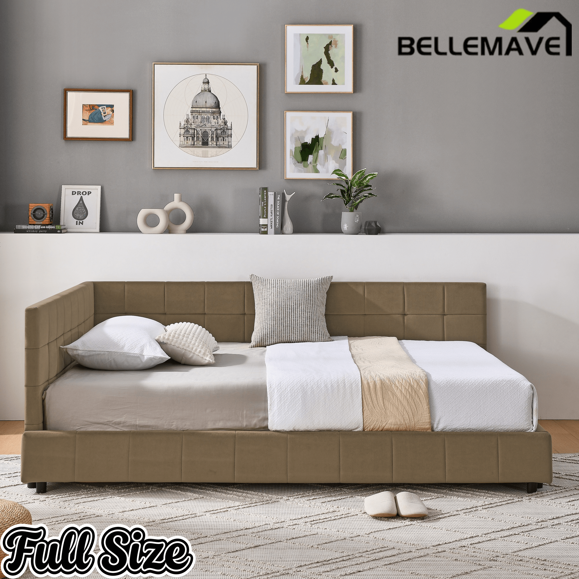 Bellemave® Full Size Corner Bed Frame with Comfortable Backrest & Armrests, Velvet Tufted Corner Bed Frame Full Size, Upholstered Daybed for Bedroom, Living Room, Guest Room, Black - Bellemave