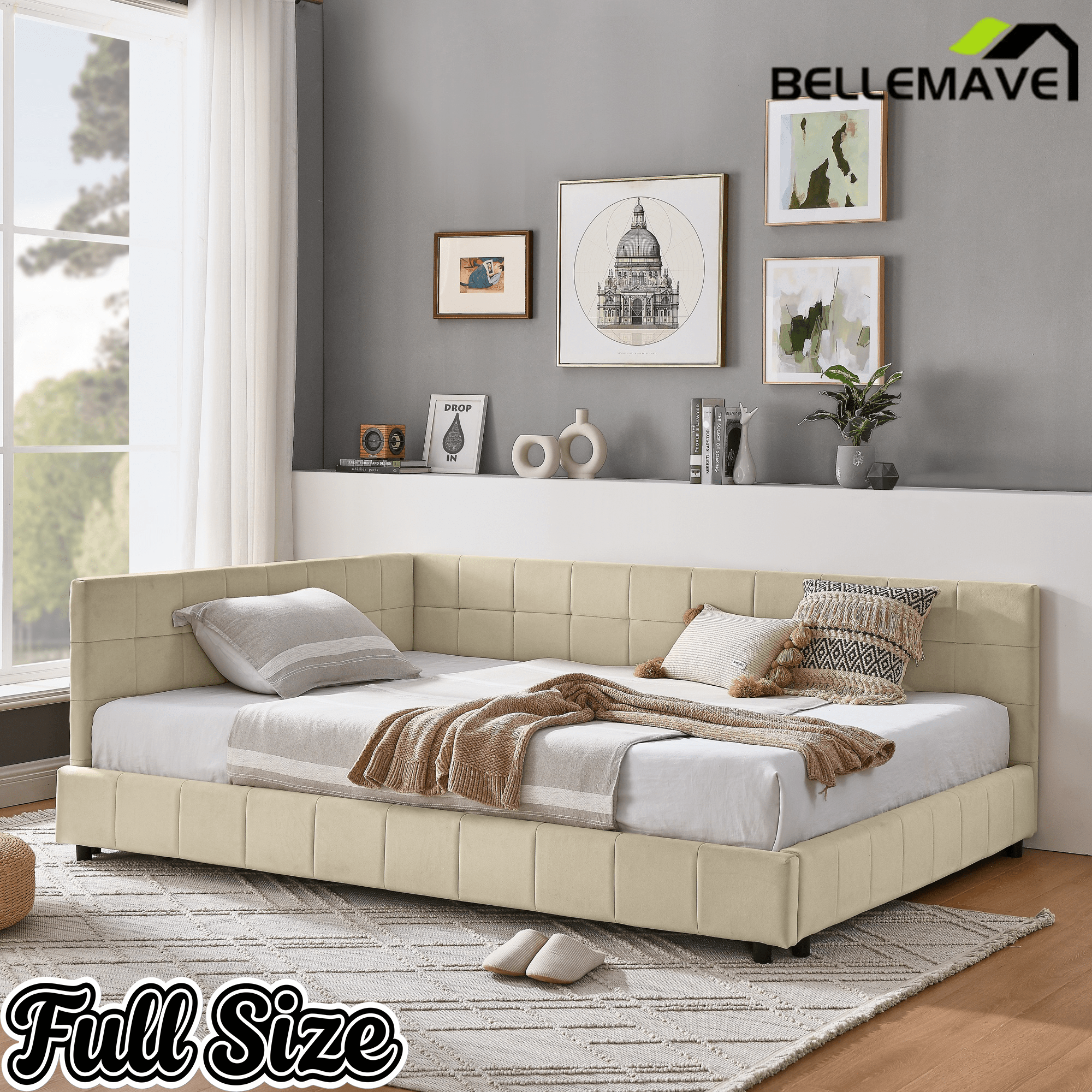Bellemave® Full Size Corner Bed Frame with Comfortable Backrest & Armrests, Velvet Tufted Corner Bed Frame Full Size, Upholstered Daybed for Bedroom, Living Room, Guest Room, Black - Bellemave
